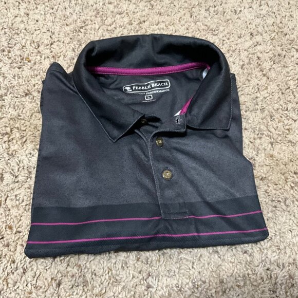 Pebble Beach Mens Performance Polo Shirt Black With Purple Stripes Size Large - Picture 10 of 13